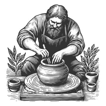 potter shaping clay pot, black and white clip art preview