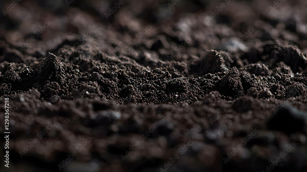 Poster close up shot of dark soil texture with granular surface and macro detail