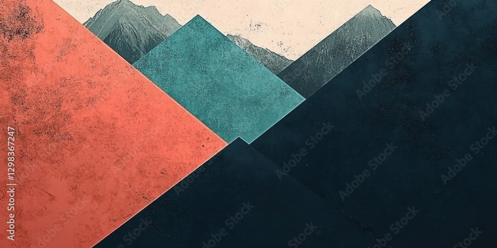 Poster geometric composition portrays abstracted mountains using various colored shapes