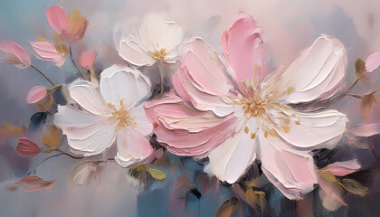 Floral oil painting of beautiful flowers, pastel pink and white tones. Abstract texture. Hand drawn