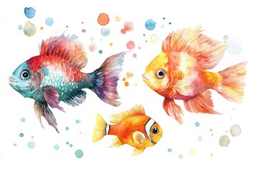 Fototapeta premium Watercolor Illustration of Tropical Fish School - Vibrant watercolor painting of three tropical fish, symbolizing freedom, beauty, underwater life, tranquility, and harmony
