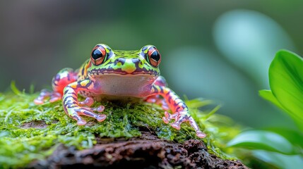 Naklejka premium Vibrant green and red tree frog perches on a moss-covered branch in a tropical jungle environment.