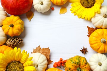 Beautiful autumn composition with pumpkins on a white background, top view