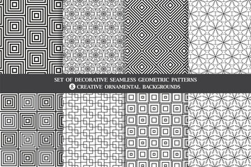 Set of Decorative Geometric Seamless vector patterns, 8 creative ornamental white and black backgrounds.