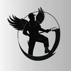 Winged figure silhouette with tool in circle. Work and celestial imagery. Monochromatic design.