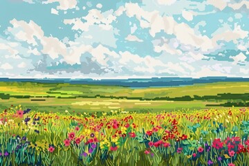 Cross stitch summer flowers field landscape backgrounds grassland.
