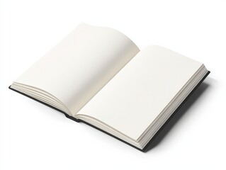 Open blank book on white background for creative projects and design