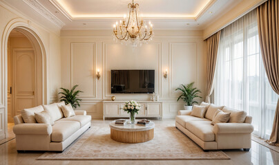 This image shows a luxurious living room with cream-colored furniture, including two facing sofas, a round coffee table, and a chandelier hanging from the ceiling.	

