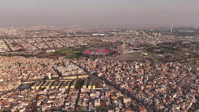 Pedro Bidegain stadium beside YMCA park in Buenos Aires, Argentina, aerial shot