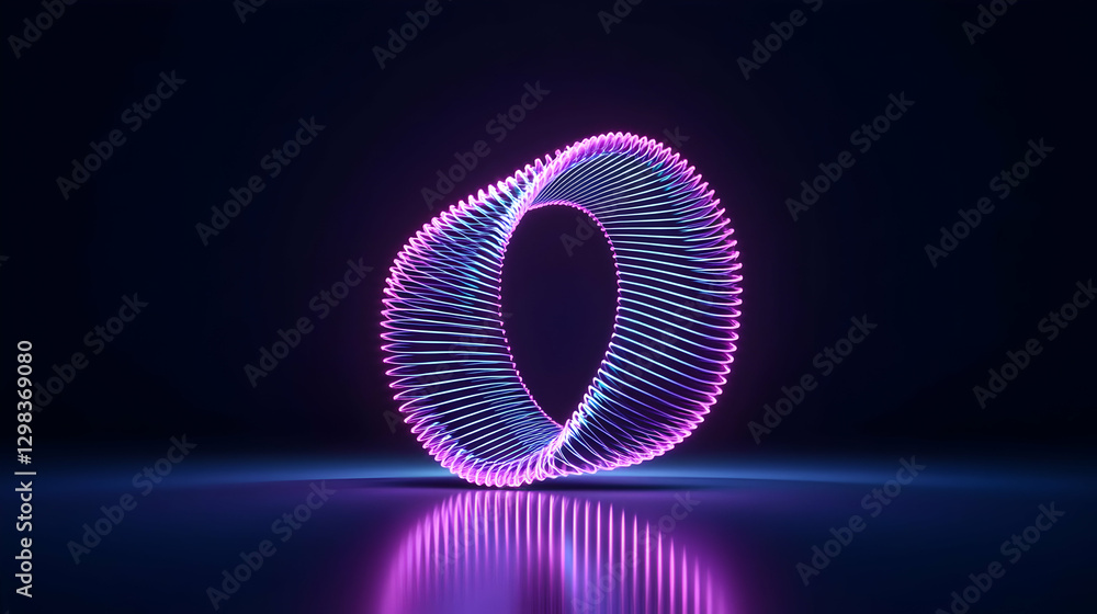 Poster glowing neon ring shape in dark studio with blue and purple lights reflecting on floor and creating 