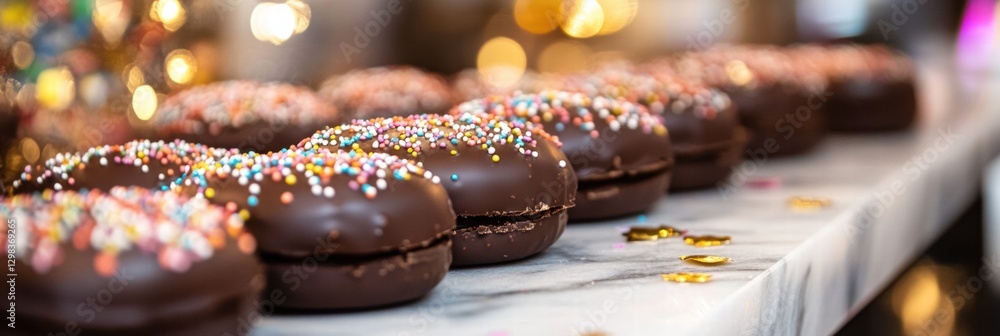 Poster delicious chocolate treats lined up on a marble countertop with colorful sprinkles and festive decor