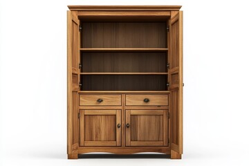 Wooden Pantry Cabinet with Shelves and Drawers - A versatile wooden cabinet, ideal for kitchen storage. It features open shelving, drawers, and closed storage, symbolizing organization, practicality