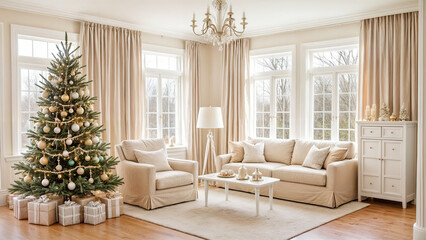 This image shows a festive living room with a Christmas tree decorated with ornaments, white furniture and a cozy atmosphere.	
