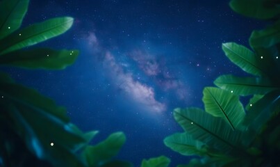 Obraz premium Milky Way in the night sky seen between tropical leaves, Generative AI
