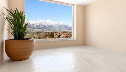 Global wellness tourism. Modern interior with large window showcasing mountain view