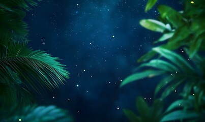 Naklejka premium Milky Way in the night sky seen between tropical leaves, Generative AI