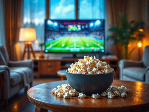 Fußballspiel im Fernsehen, Popcorn und Fernbedienung auf dem Tisch