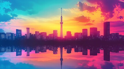 Fototapeta premium Silhouette of the city skyline against a vibrant sunset with reflections on the water