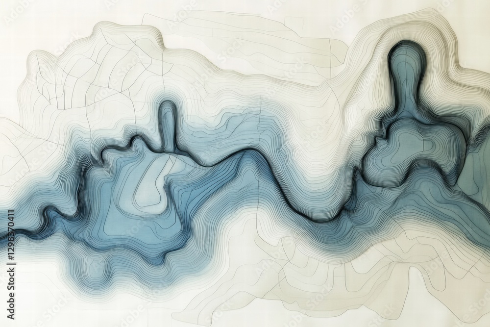 Poster artistic representation of flowing waves with intricate lines and textures in cool tones on a light 