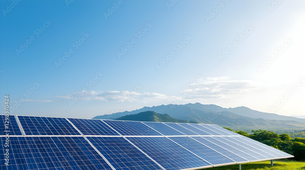 Poster solar panel array capturing sunlight in a green field with mountains under a blue sky