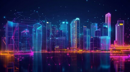 Fototapeta premium Stunning city skyline illuminated by vibrant neon colors against a dark background at dusk