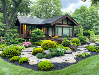 Global wellness tourism. Tranquil Japanese garden with tea house surrounded by lush greenery