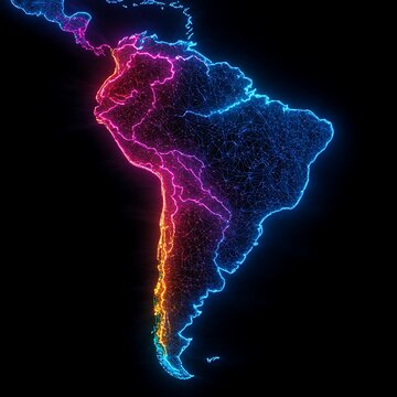 Glowing South America map, global network