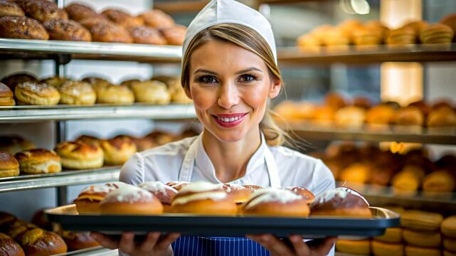 Smiling woman in baker's hat with bread basket, bakery shelves in background, concept of artisan bread-making, suitable for bakery industry and food enthusiasts