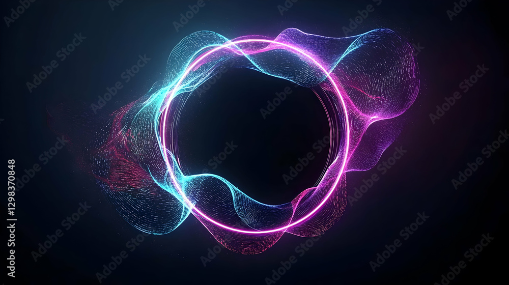 Poster abstract digital visualization of glowing particles forming a circular shape against dark background
