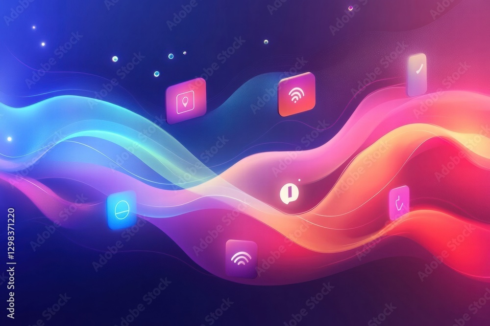 Aufkleber Colorful wave design with digital icons representing technology and communication in an abstract style. Generative AI