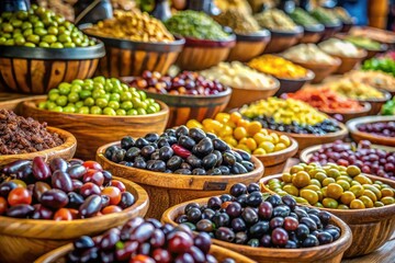 A bountiful olive harvest floods a Mediterranean market stall, showcasing a variety of olives.