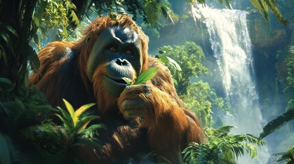 Obraz premium Captivating close-up of an orangutan gazing intently, draped in rich orange-brown fur, exuding warmth and intelligence