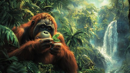Obraz premium An orangutan with vibrant orange-brown fur grips a branch amidst a lush, emerald jungle teeming with life, bathed in golden sunlight filtering through the canopy