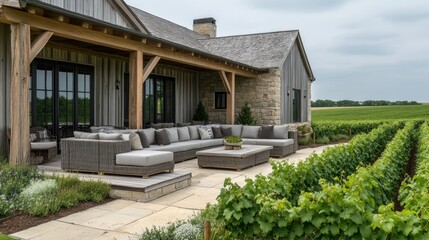Rustic vineyard patio seating area