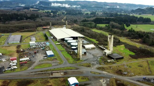 US, Oregon, Tillamook, , 2025-02-18 - Drone view of the WWII Blimp Base (now a museum - Tillamook Air Museum) on the Oregon Coast in winter