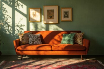 Bright orange sofa with colorful cushions, framed art, and warm