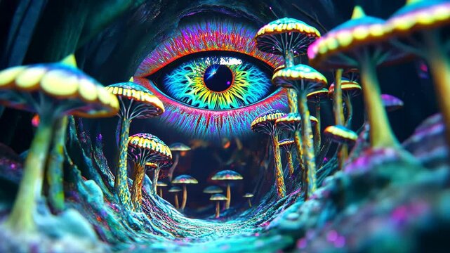 Exploring the depths of consciousness with psychedelic mushrooms and an open third eye, Open third eye Trippy 3D psychedelic mushrooms magic tunnel beautiful background art