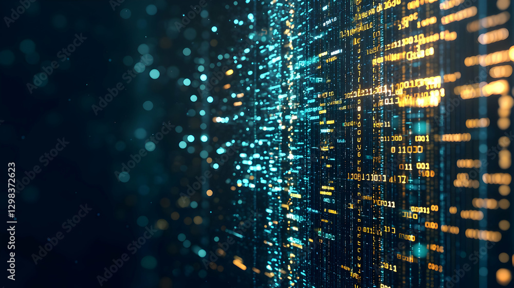 Poster abstract digital data visualization with blue and yellow light in a dark background