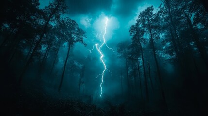 Forked lightning splitting the sky over a dense forest during heavy rain 