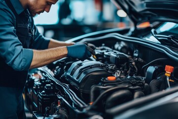Obraz premium Auto Mechanic Inspecting Engine - A close-up shot of a mechanic meticulously inspecting a car engine, showcasing expertise and attention to detail