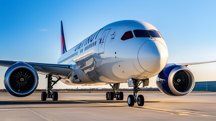 Airplane taxis on the runway. Ground crew visible. Sunny day. Could promote travel services