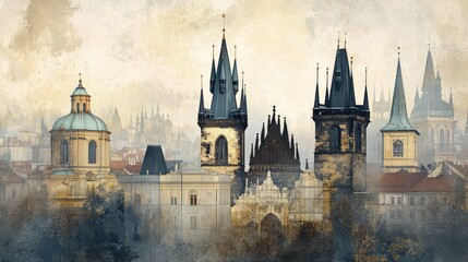 Fototapeta premium Beautiful silhouette of Prague's skyline featuring historical architecture against a moody horizon at dusk