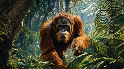 Obraz premium An intricately painted orangutan resides amidst verdant foliage, its vibrant orange-brown fur and piercing black eyes highlighted against the lush forest backdrop