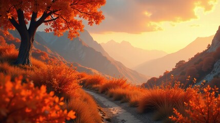 Vibrant autumnal scene with golden foliage and mountainous backdrop.