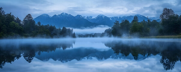 Fototapeta premium A tranquil lake reflects snow-capped mountains under a cloudy sky, with mist rising off the water.
