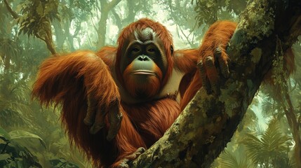Obraz premium Vibrant orange-brown orangutans with deep black eyes gaze intently amidst a lush, emerald-green forest. Each tree whispers stories of the wild