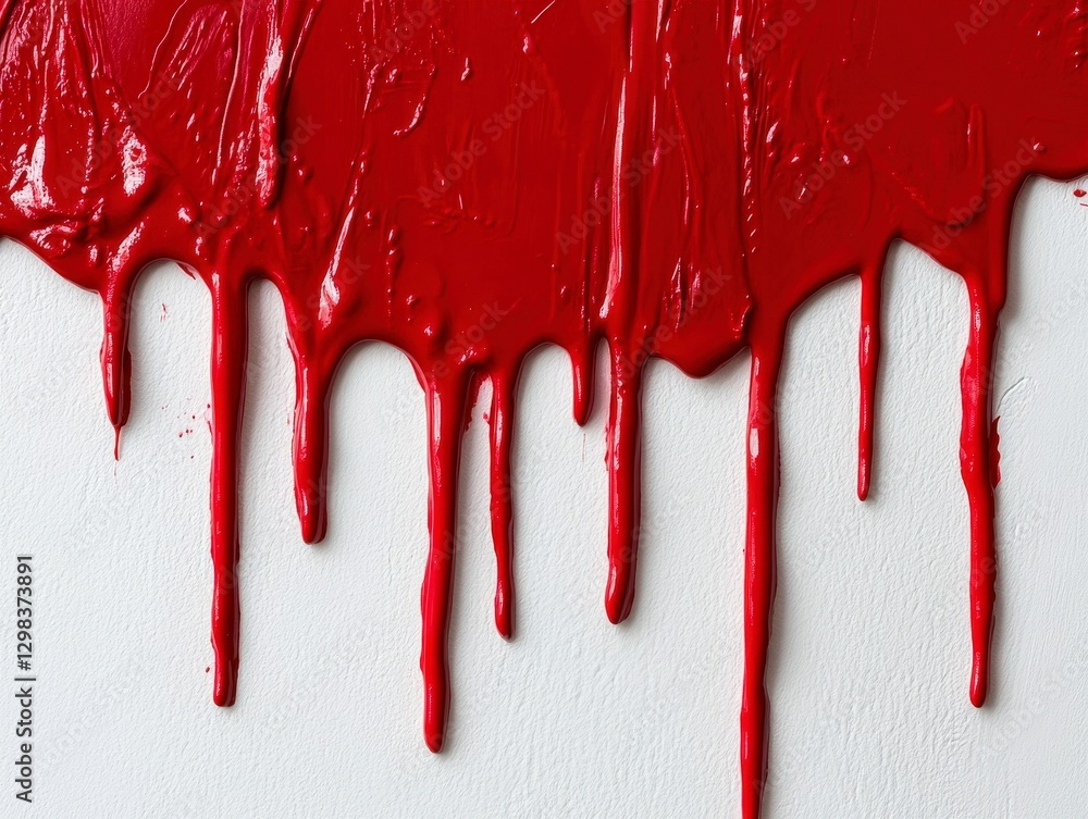 Poster dripping red paint on white surface creating artistic background texture