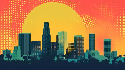 Obraz premium Silhouette of a vibrant city skyline against a colorful sunset horizon