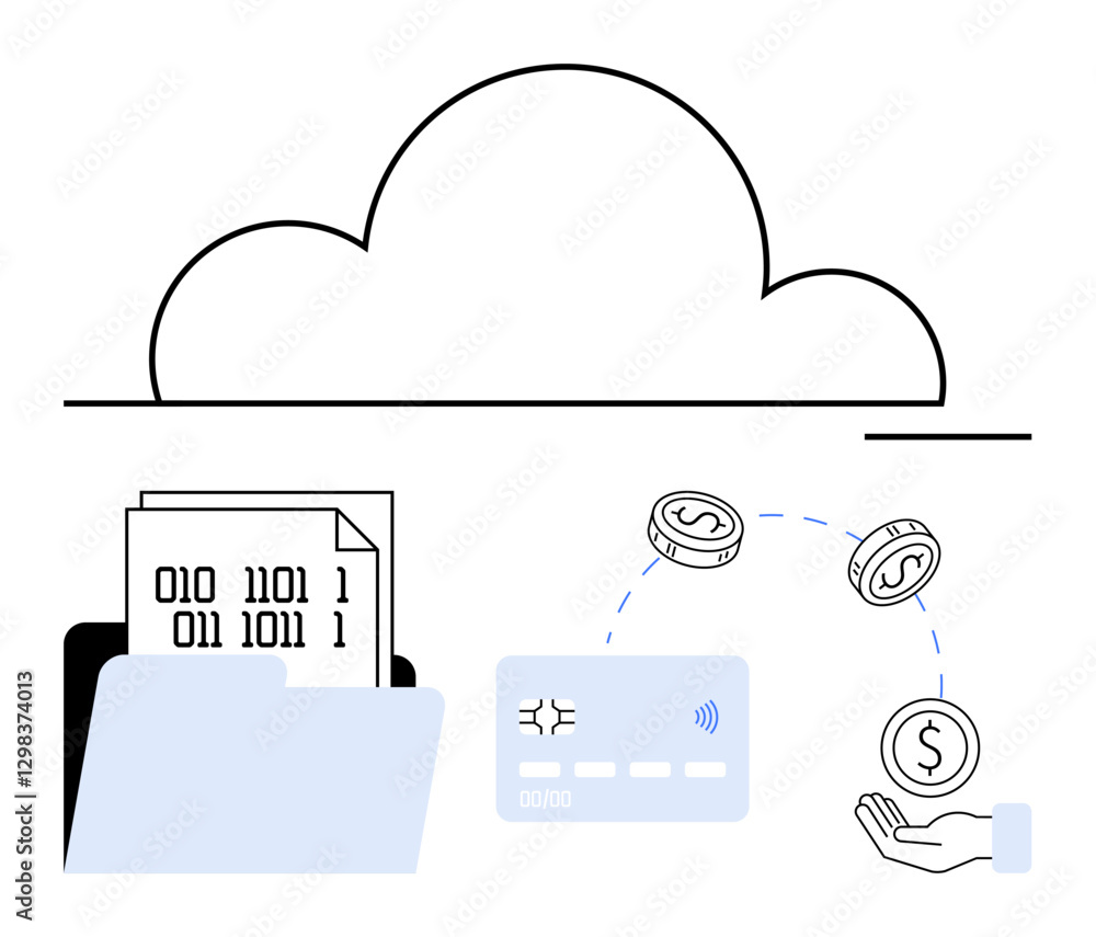 Poster cloud icon above a file folder containing binary data. nearby are a contactless payment card, coins,