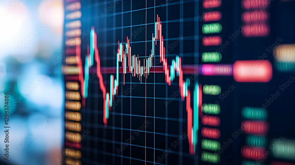 Poster digital stock market graph with red and green lines showing financial data